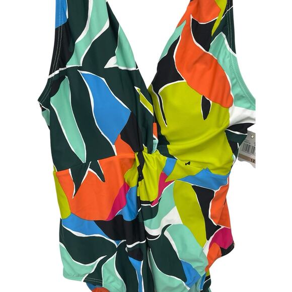 NWT Anne Cole Swimsuit Polynesian Palm Plunge Twist One Piece Size 12 - Picture 2 of 10